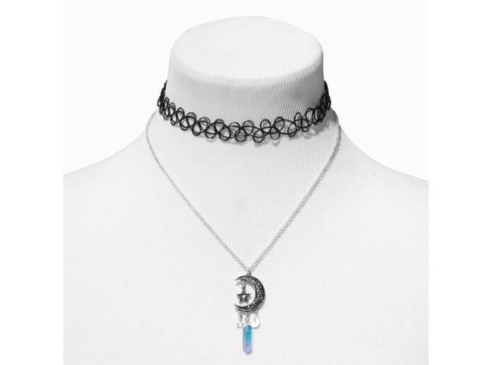 Ras-de-cou effet tatouage noir et pendentif strass mystique bleu croissant de lune - Lot de 2