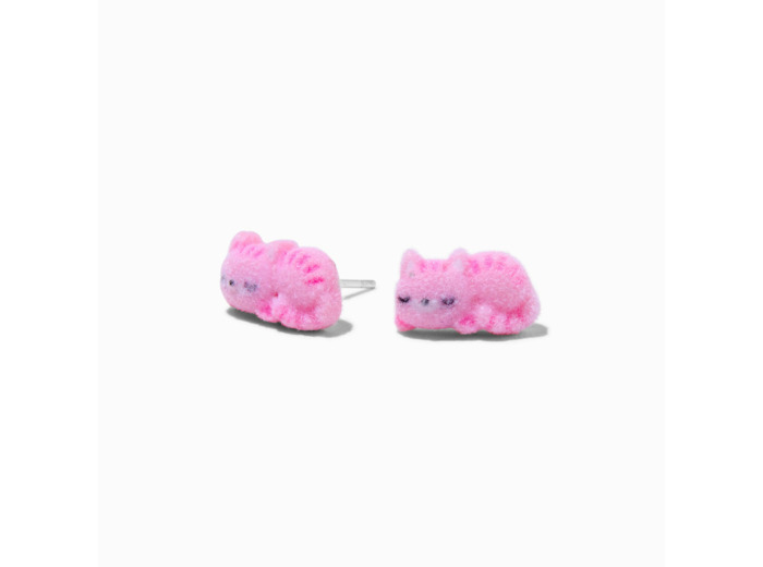Clous d'oreille tige couleur argentée chat duveteux rose