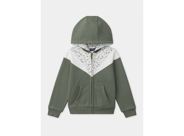 Sweat à capuche zippé vert kaki et imprimé fleuri à manches longues Fille