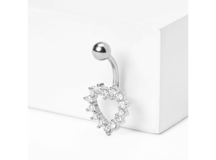 Piercing de nombril pendant contour de cœur en strass 1,6 mm couleur argentée