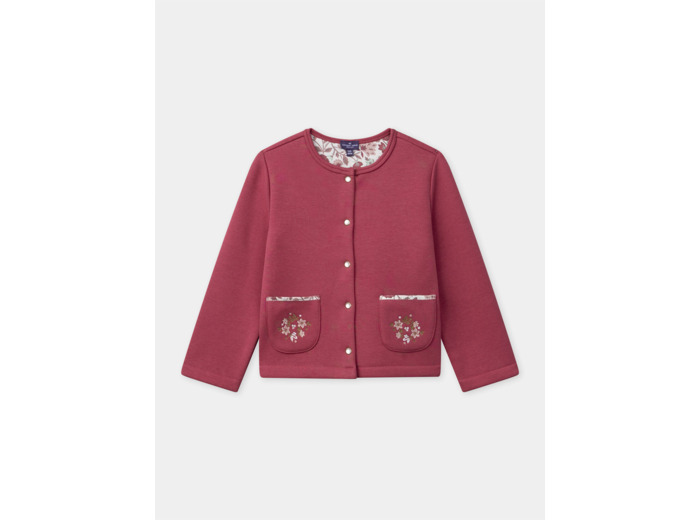 Cardigan rose framboise avec poches fleuries Fille