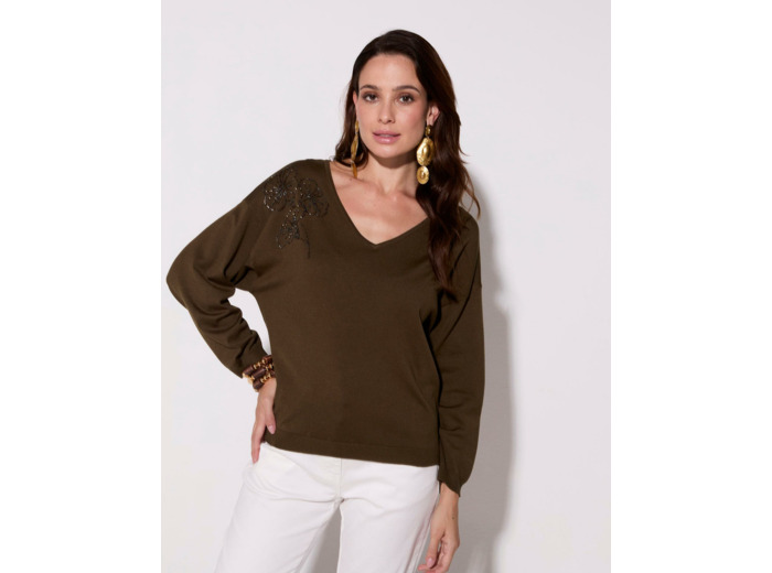 Pull fin uni décoré KAKI Femme