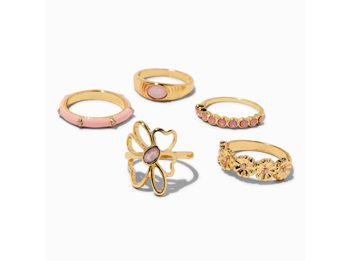 Blush Pink Flower Gold-tone Rings - 5 Pack