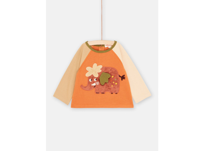 T-shirt brique et beige à animation éléphant pour bébé garçon