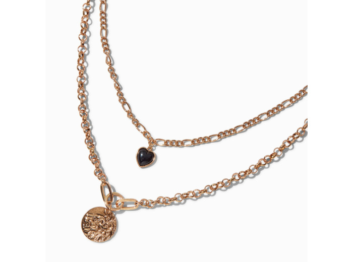 Collier multi-rangs superposés cœur noir et pièce lion couleur dorée