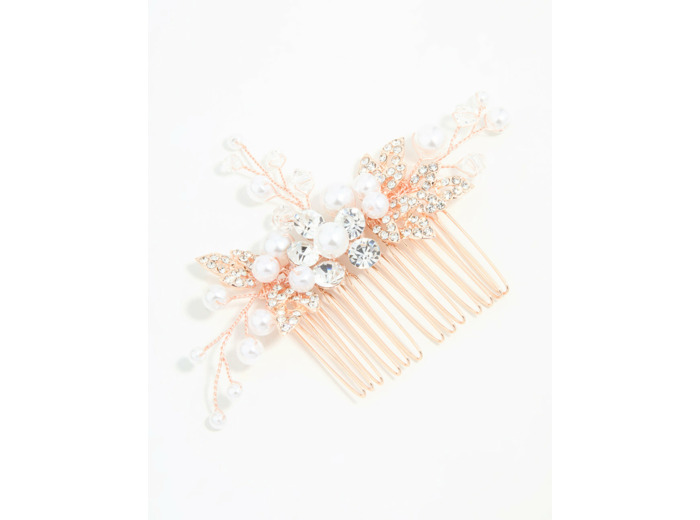 Rose Gold Diamante & Pearl Leaf Hair Comb