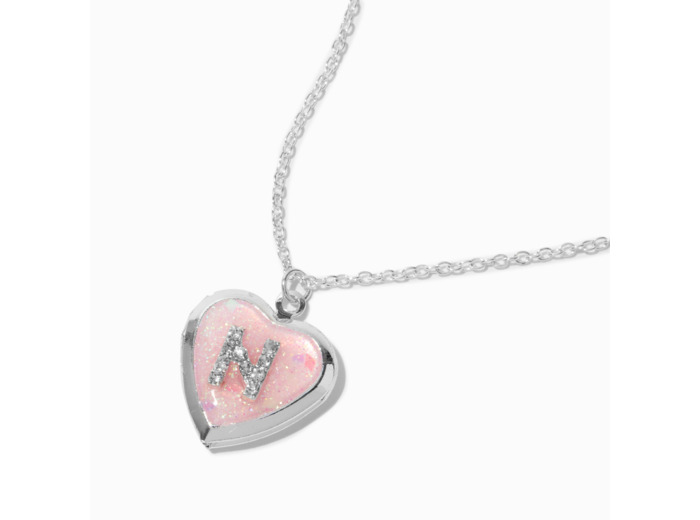 Collier à médaillon cœur pailleté à initiale décorée rose - M