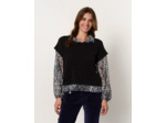 Top manches longues bi-matière uni décoré NOIR Femme
