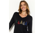 T-Shirt manches 3/4 uni décoré NOIR Femme