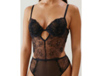 Body push-up en mesh brodé fleuri noir