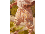 Pantalon écru et orange en popeline à imprimé feuilles et fruits