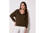 Pull fin uni décoré KAKI Femme