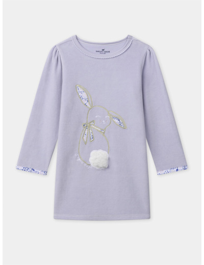 Chemise de nuit violet à broderie lapin et patch pompon et legging fleuri Fille