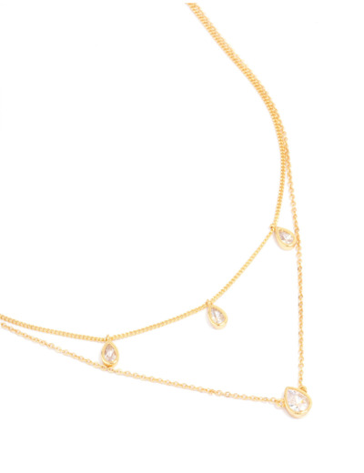 Gold Plated Brass Cubic Zirconia Teardrop Layered Necklace