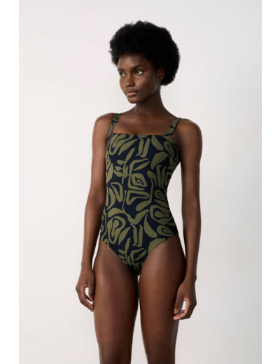 Maillot de bain 1 pièce gainant encolure carrée à motif