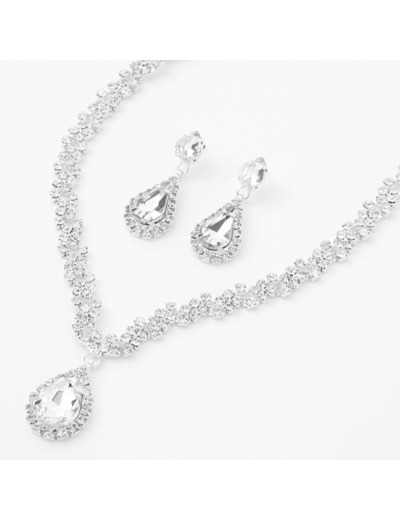 Ensemble de bijoux col en V forme de goutte en strass couleur argentée - Lot de 2
