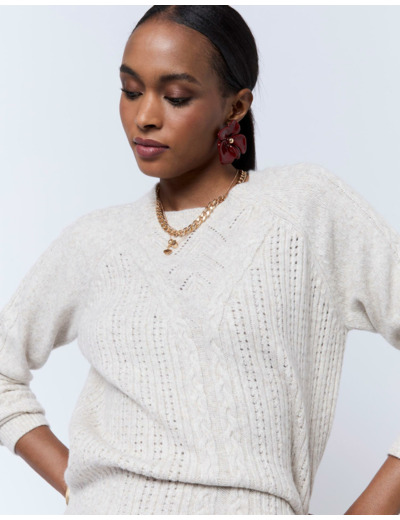Pull épais en mélange laine uni BEIGE Femme