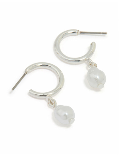 Silver Pearl Drop Huggie Earrings