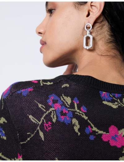 Pull épais en mélange coton Jacquard motif fleurs NOIR Femme