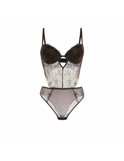 Body push-up en mesh brodé fleuri noir