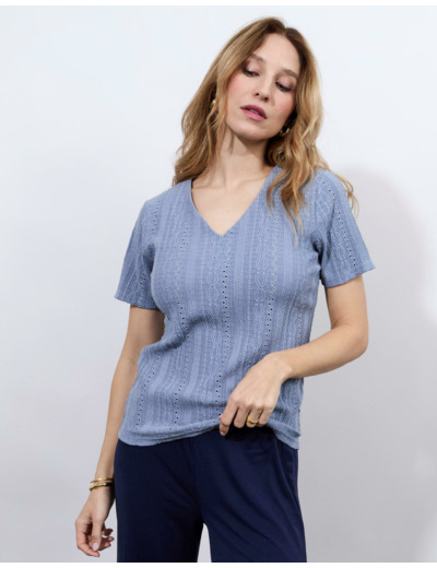 Top manches courtes uni BLEU Femme