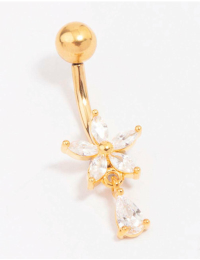 Gold Plated Titanium Cubic Zirconia Flower Pear Belly Piercing