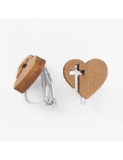 Clous d’oreilles à clip en bois d’imitation croix et cœur