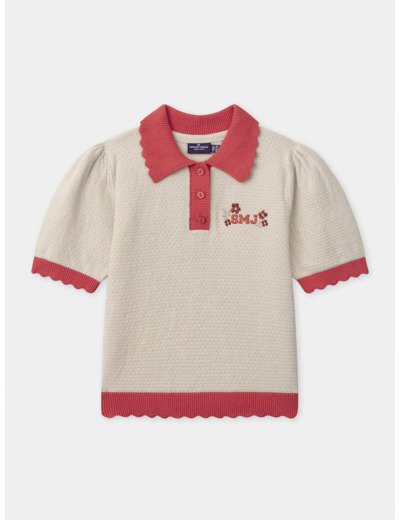 Polo écru à broderie floral avec col et manches festonnés rouge corail Fille
