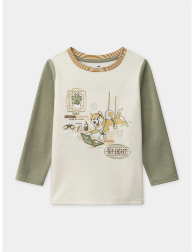 Pyjama écru et vert kaki en velours imprimé chien Garçon