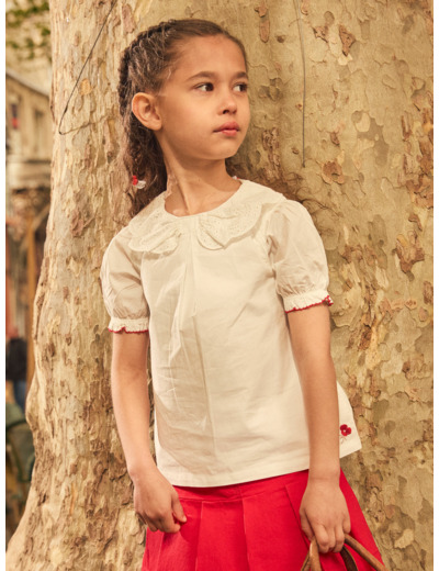 Blouse blanche à col noué et manches bouffantes Fille