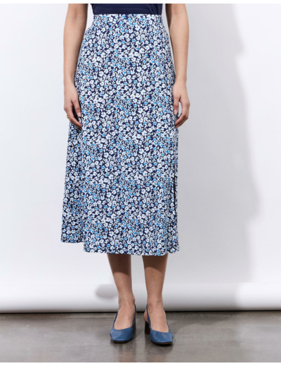 Jupe midi évasée imprimé à fleurs BLEU