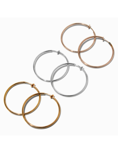 Lot de 3 créoles à clip 40 mm en métaux mixtes