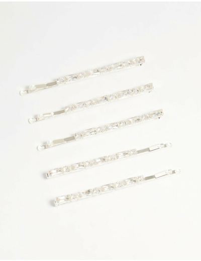 Silver Diamante Baguette & Round Hair Slides 5-Pack