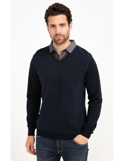 Pull Uni Col V Avec Chemise