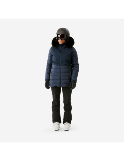 Veste de ski chaude mi-longue femme, 100 bleu marine