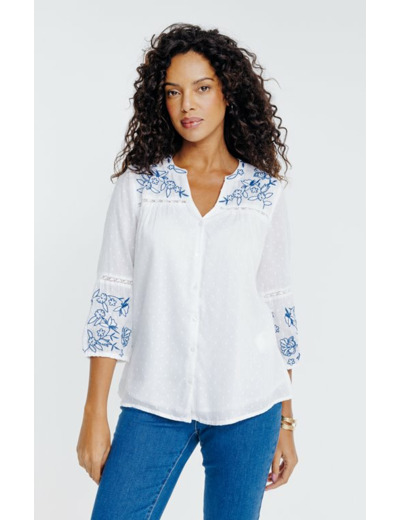Blouse boutonnée uni avec broderie