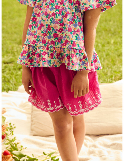 Short évasé rose fuschia à broderies fleuries Fille