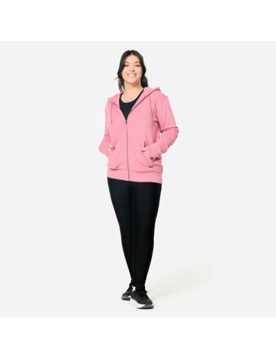 Sweat zippé fitness en molleton femme, vieux rose