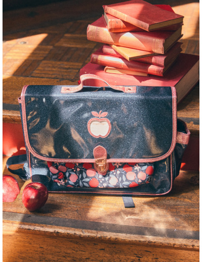 Cartable bleu marine et rose paillettés à imprimé pomme Fille