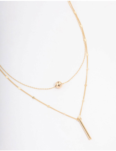 Gold Bar & Ball Double Chain Short Necklace