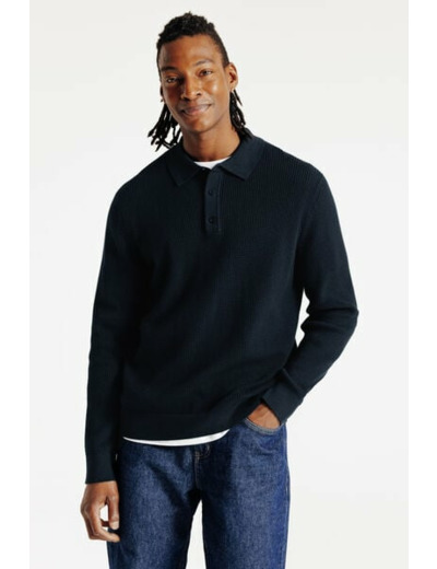 Polo en maille col boutonné fantaisie - Bleu moyen