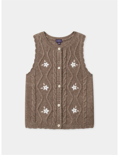 Cardigan marron avec broderie fleurs sans manches Fille
