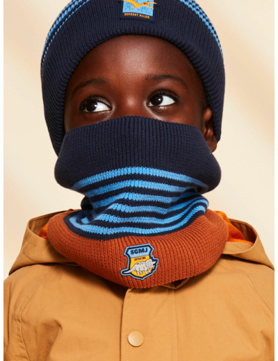Snood biocolore en tricot avec dinosaure et rayures
