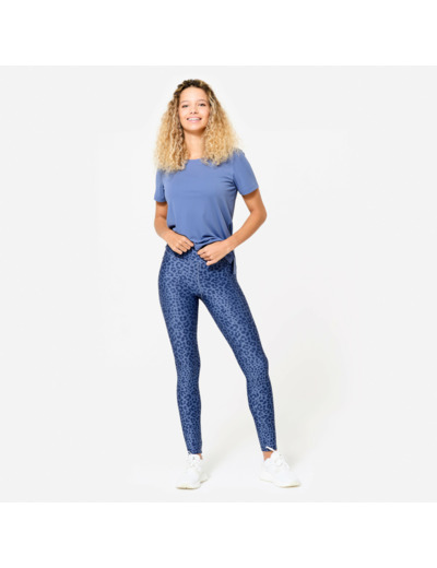 Legging de fitness taille haute femme, imprimé léopard bleu