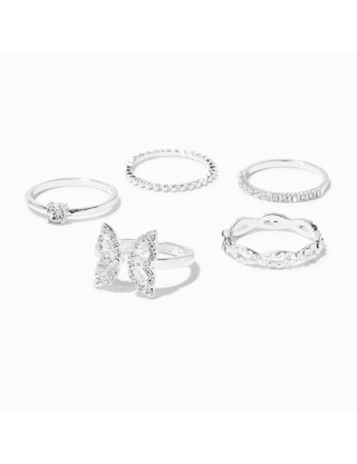 Silver-tone Crystal Butterfly Rings - 5 Pack