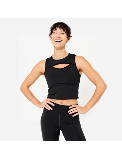 Débardeur court de fitness avec ouverture poitrine femme, noir