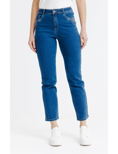 Pantacourt denim coupe droite, broderie