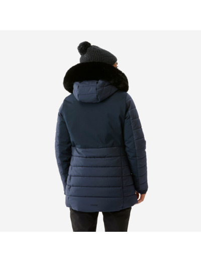 Veste de ski chaude mi-longue femme, 100 bleu marine