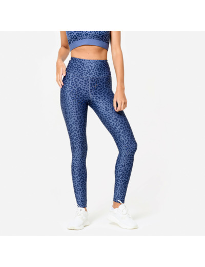 Legging de fitness taille haute femme, imprimé léopard bleu