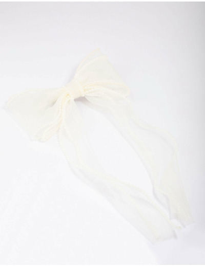 White Organza Fabric Pearl Twist Bow Hair Clip